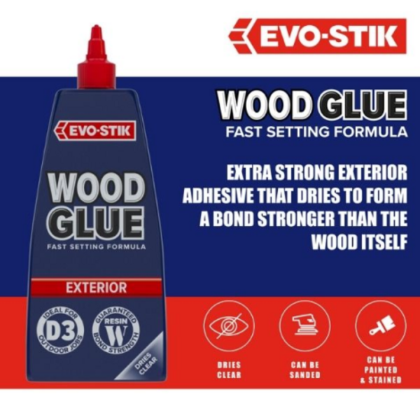 EVO-STIK Wood Glue Exterior highlighting fast-setting performance, weather-resistant bond strength and a clear-drying finish