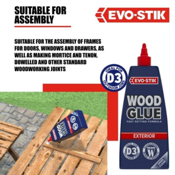 EVO-STIK Wood Glue Exterior used for assembling timber joints in doors, windows, drawers and outdoor woodworking projects
