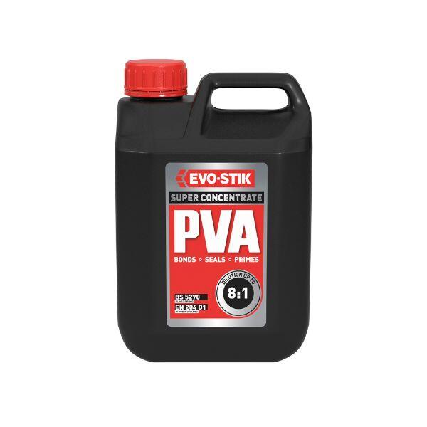 Evostik Super Concentrate PVA bonding agent and primer in a black 5-litre container shown as a product packshot on a neutral background, designed for bonding, sealing and priming construction surfaces.