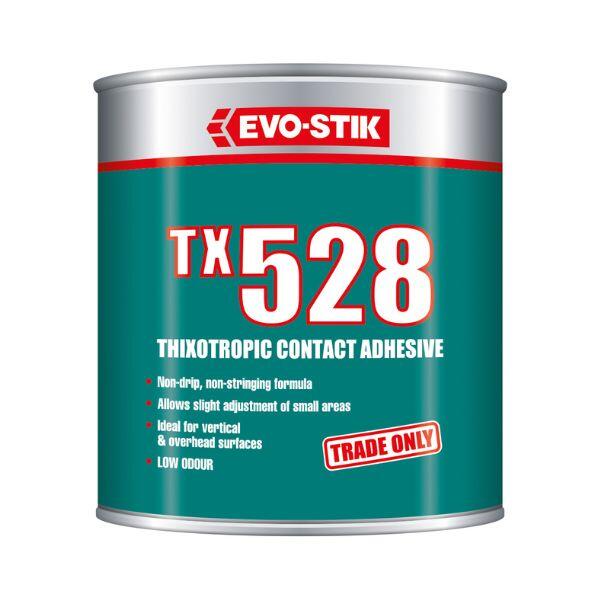Evostik TX528 Thixotropic Contact Adhesive shown as a product packshot in a metal tin on a neutral background, highlighting a non-drip, non-stringing contact adhesive suitable for vertical and overhead bonding applications.